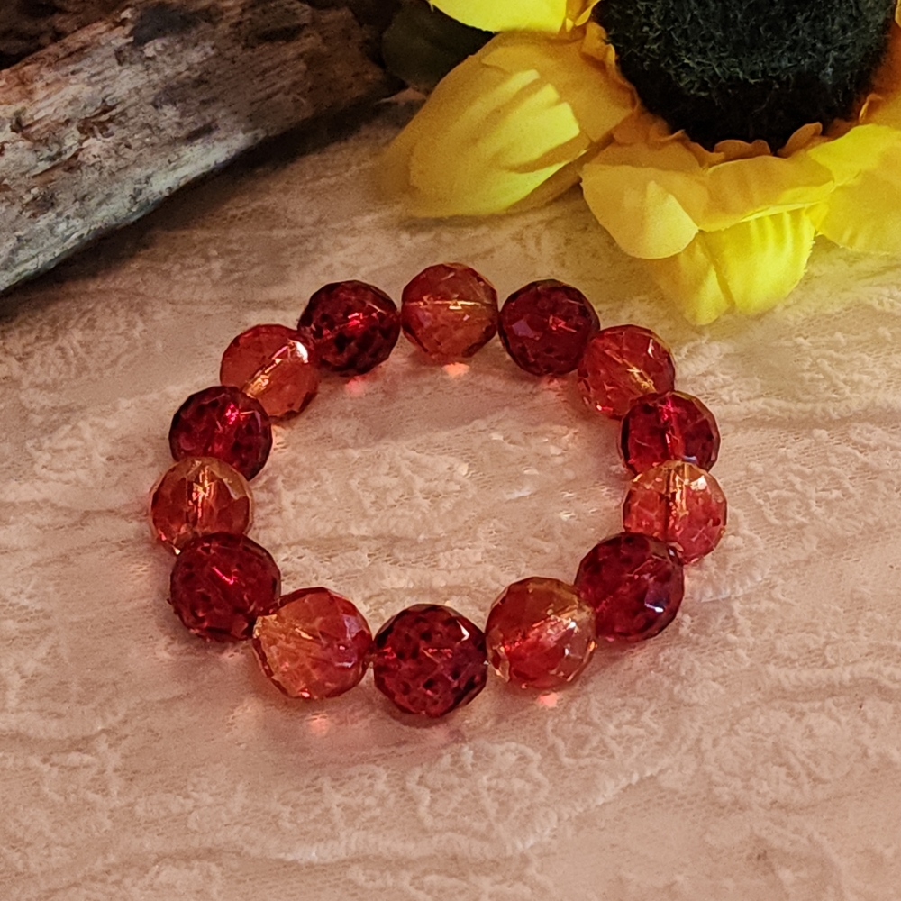Vintage Stretch Bracelet With Cherry Amber Reddish Orange Glass Faceted Beads